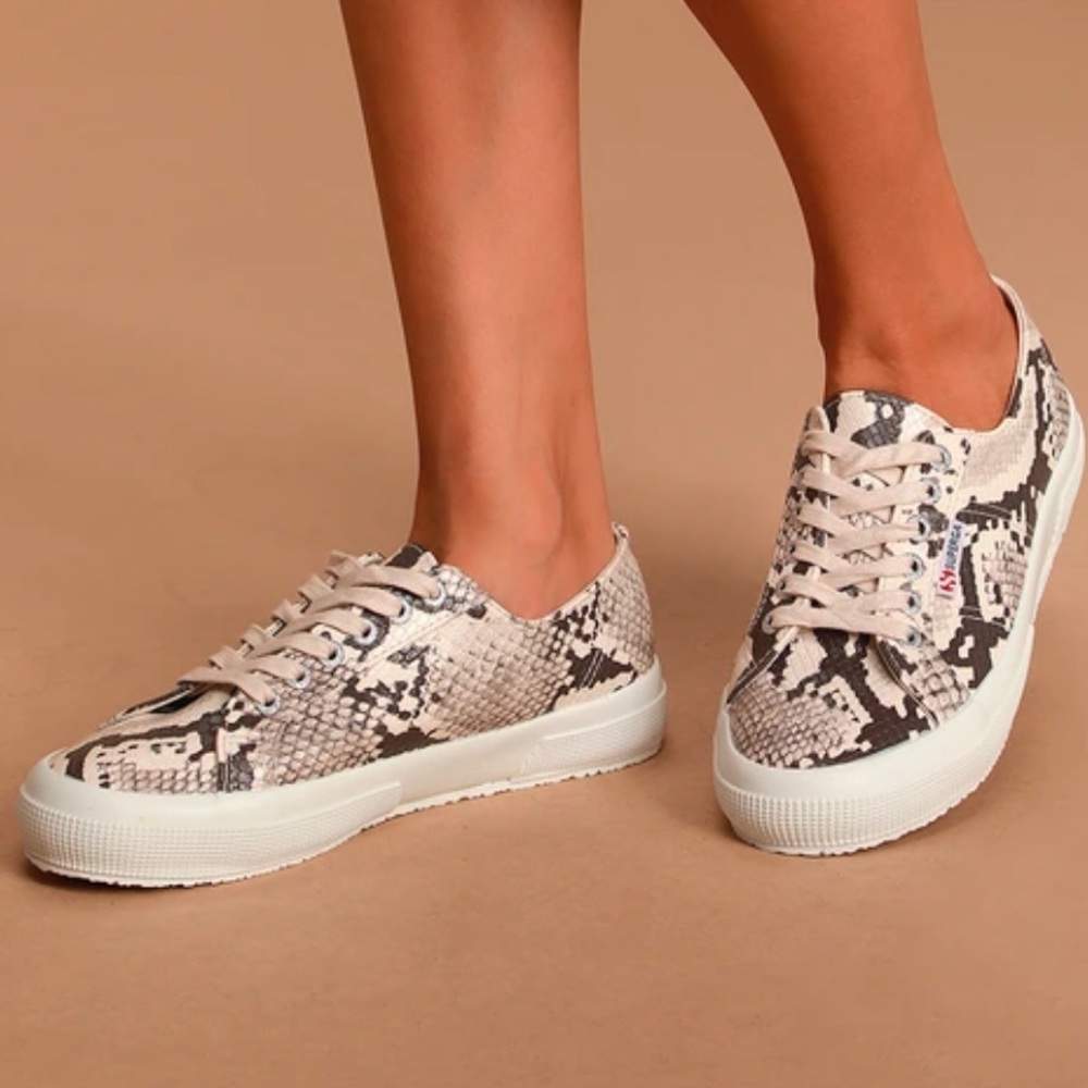 Superga Ivory Taupe Gray White Snakeskin Print Lace Up Sneakers 6 Faux Leather